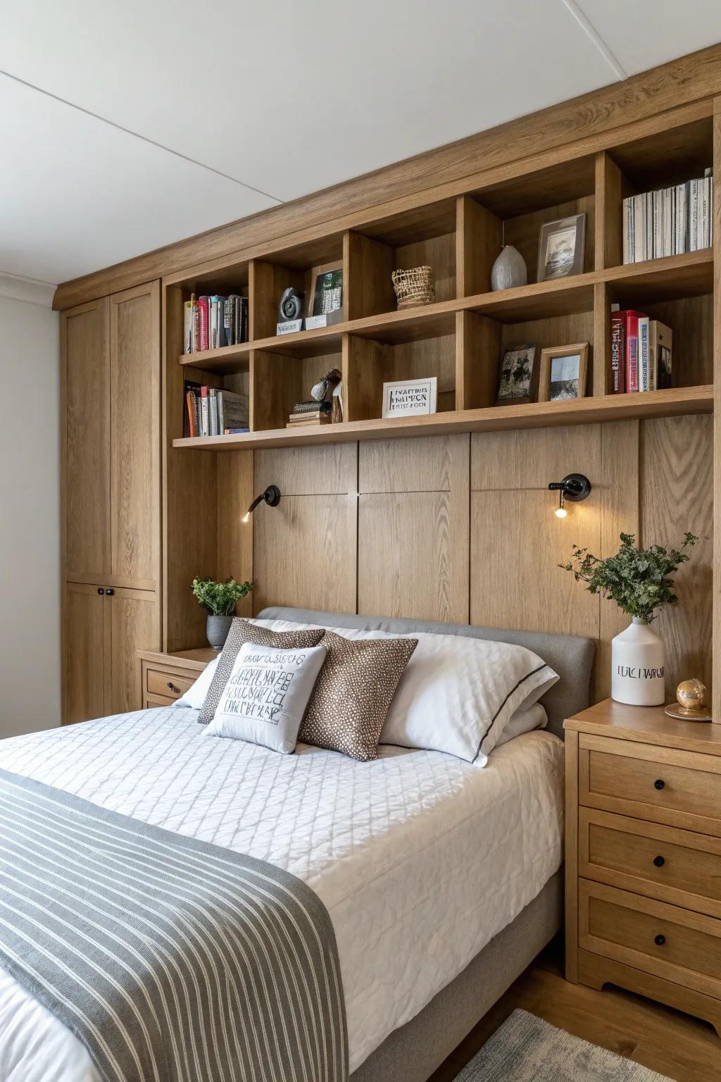 Functional elegance: Storage wood headboard.