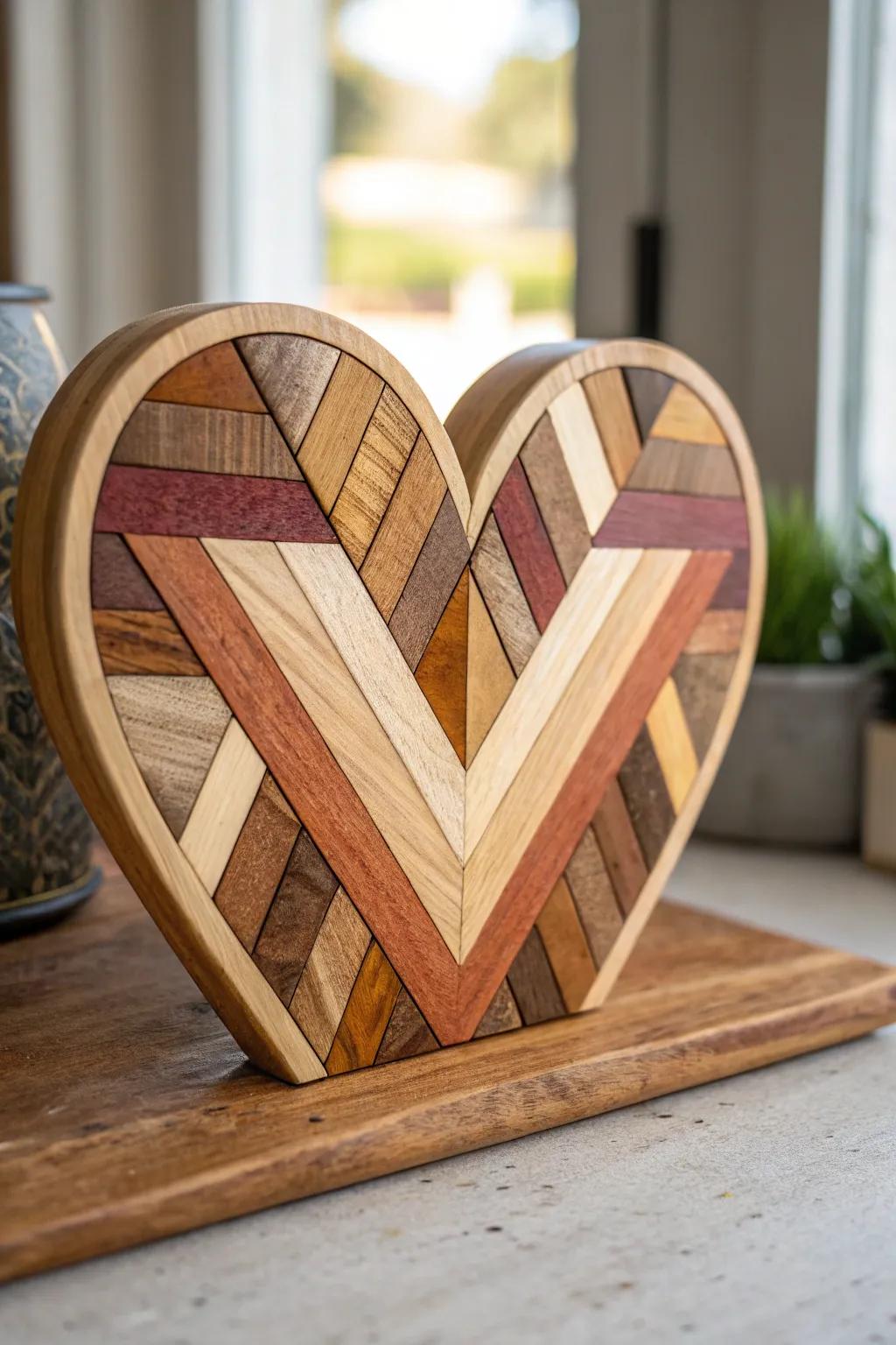 Layered wood mosaic hearts make a stunning focal point.