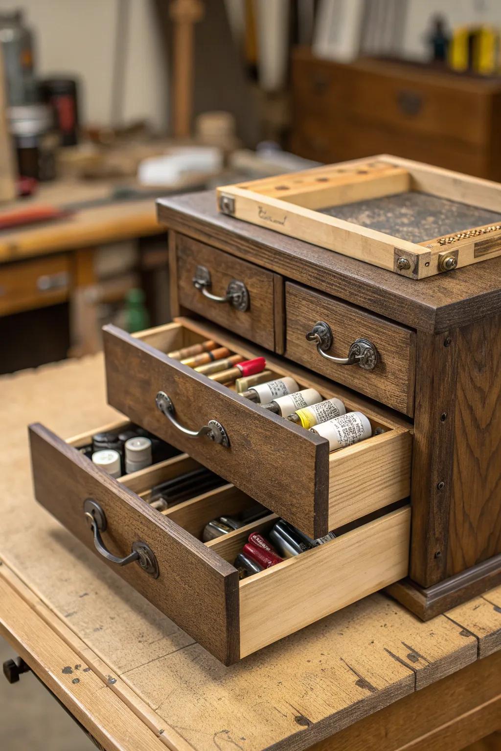 Transform old drawers into a stylish, functional centerpiece for your workshop!
