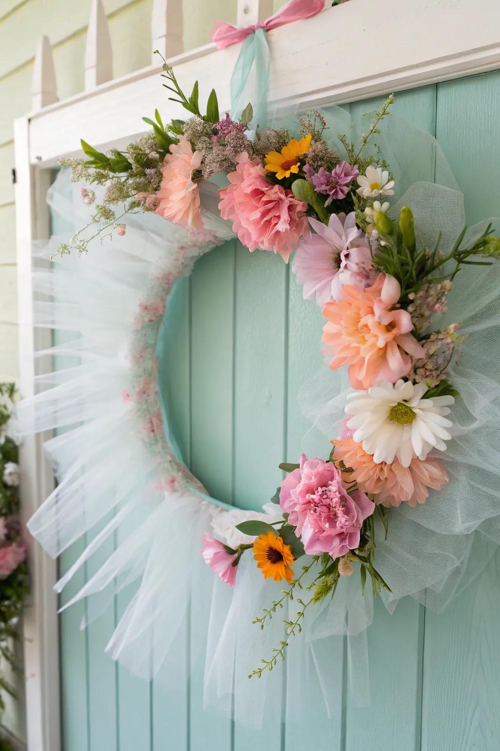 Add a dreamy touch to your decor with a tulle and blossom wreath.