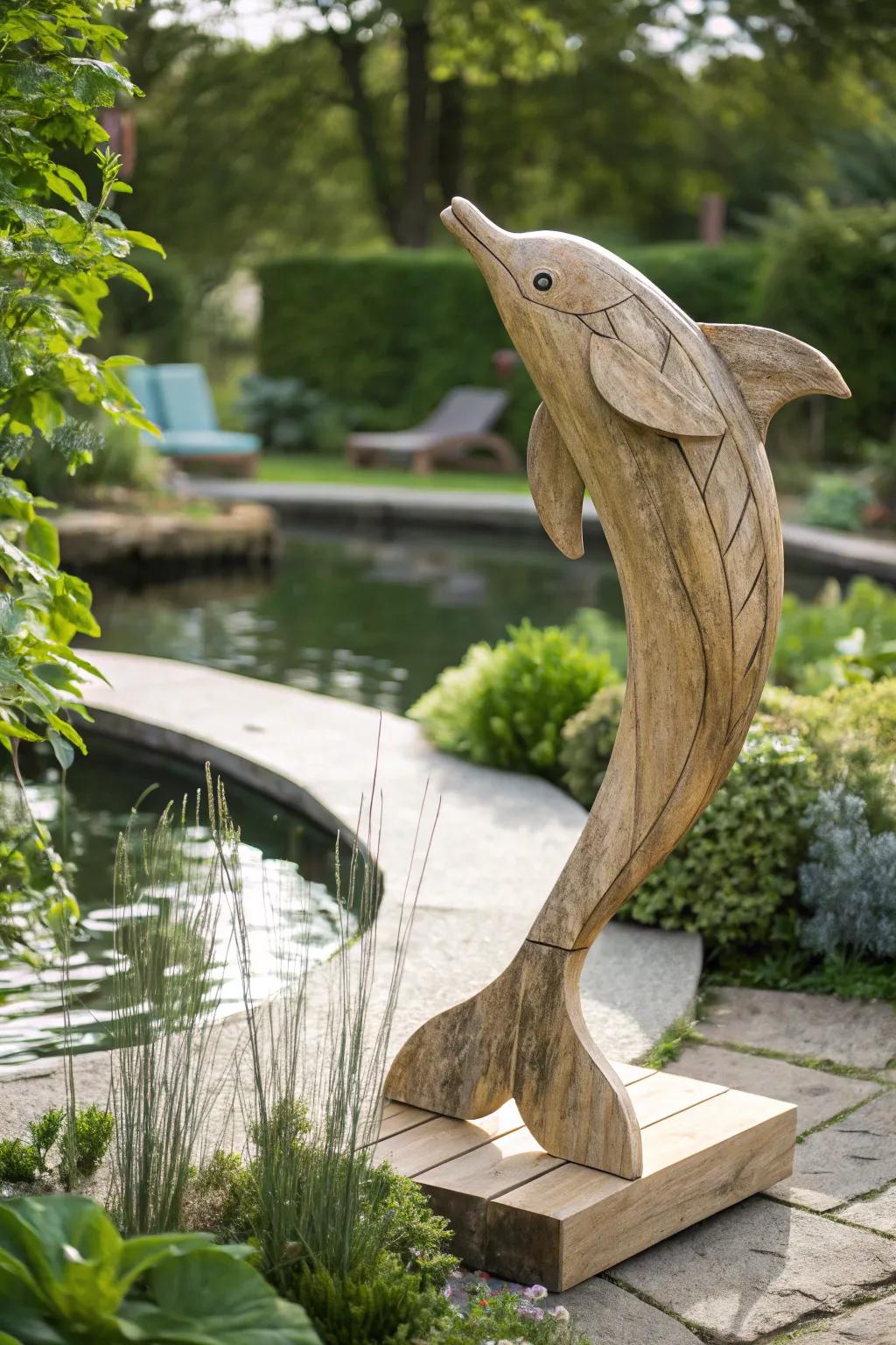 Bring a touch of whimsy to your garden with this exquisite wooden dolphin sculpture, perfect for adding playful charm near water features.