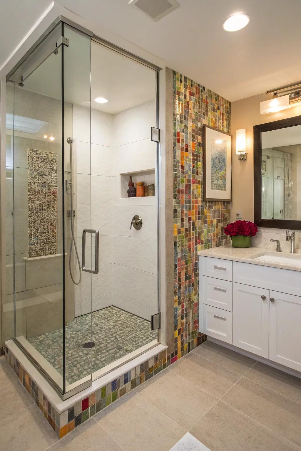 Vibrant mosaic tiles bring color and personality to this doorless shower.