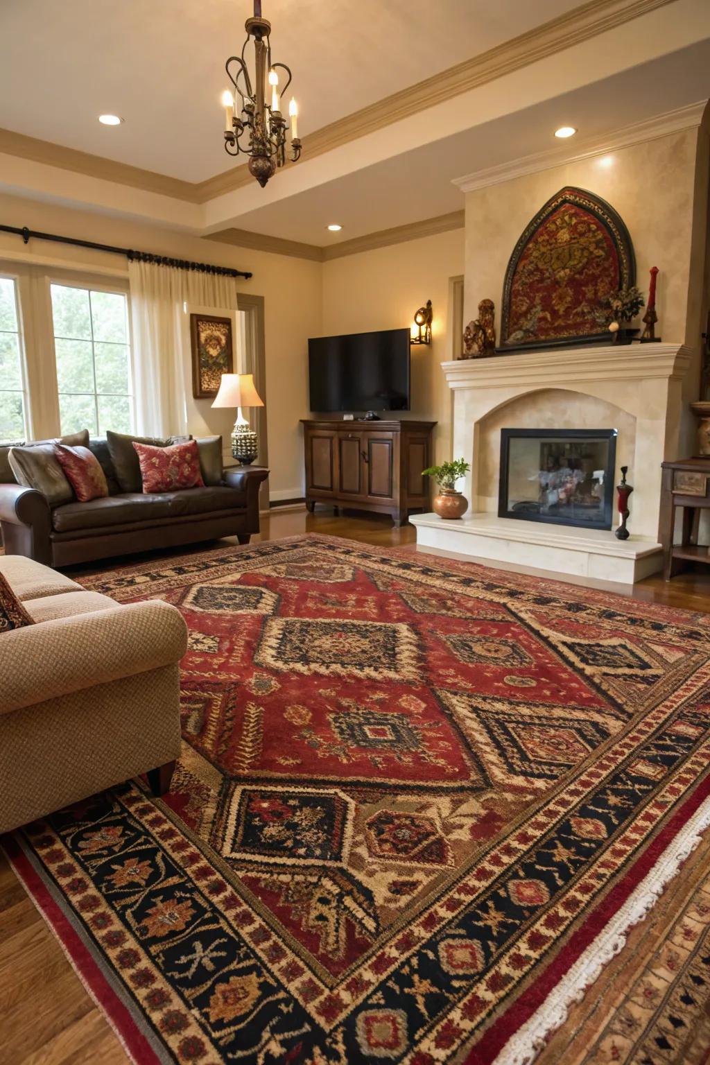 A statement rug anchors the living room while adding warmth.