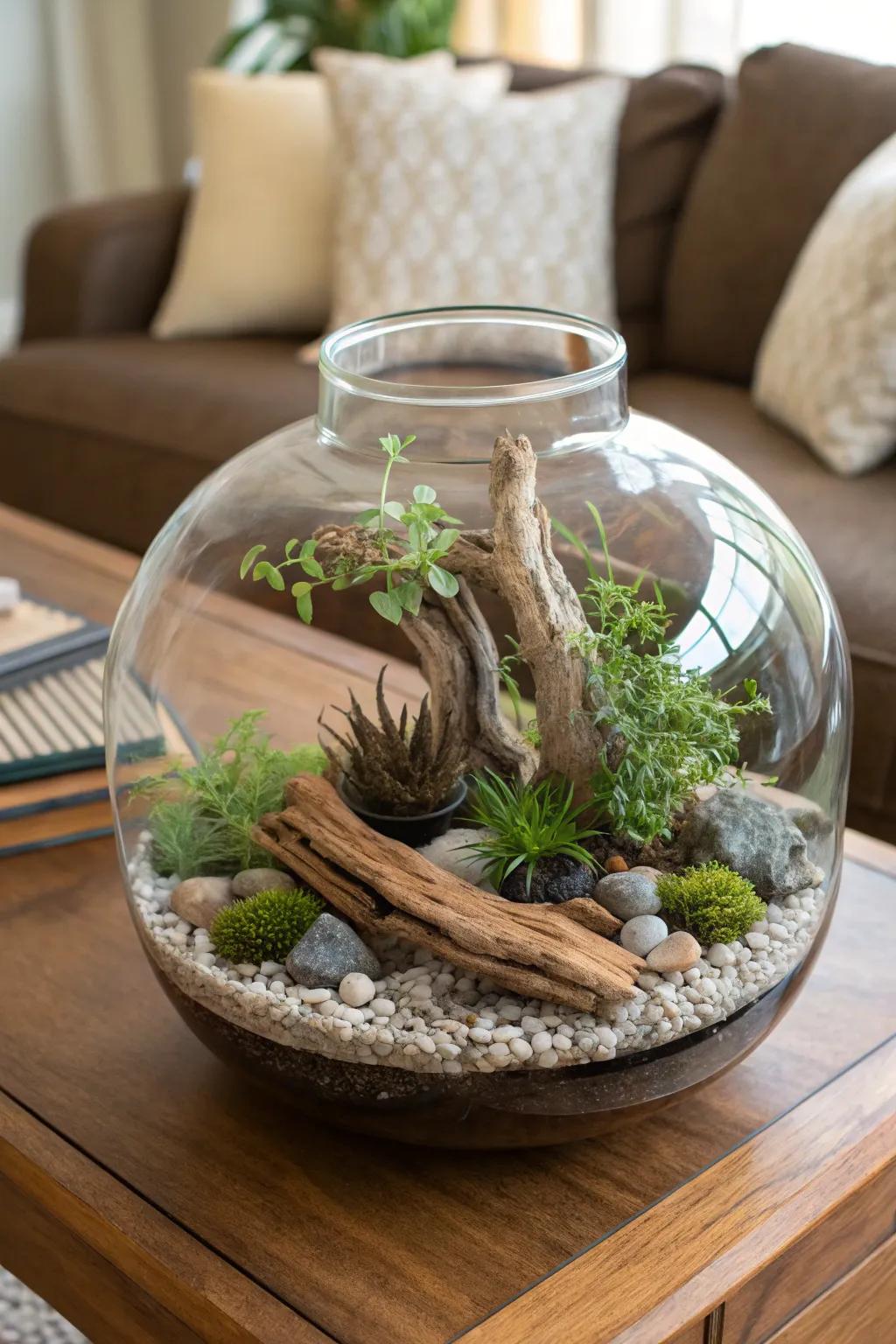 Unique driftwood terrarium centerpiece, a conversation starter in any room.