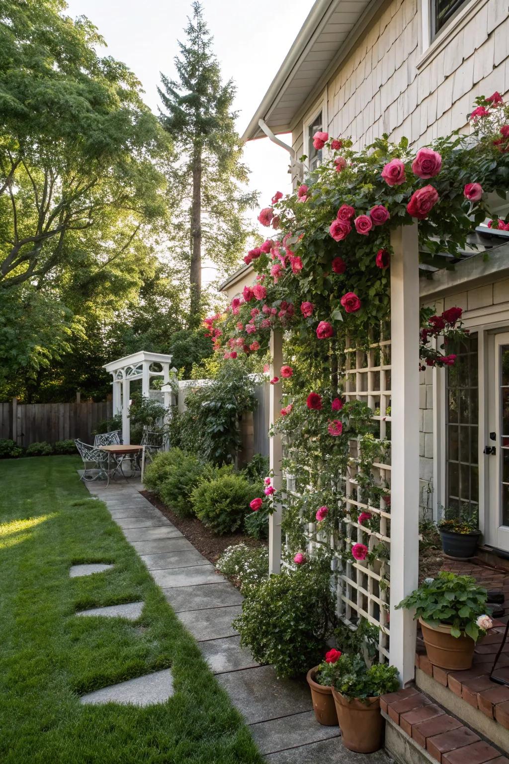 A trellis with climbing plants creates a fragrant and private retreat.