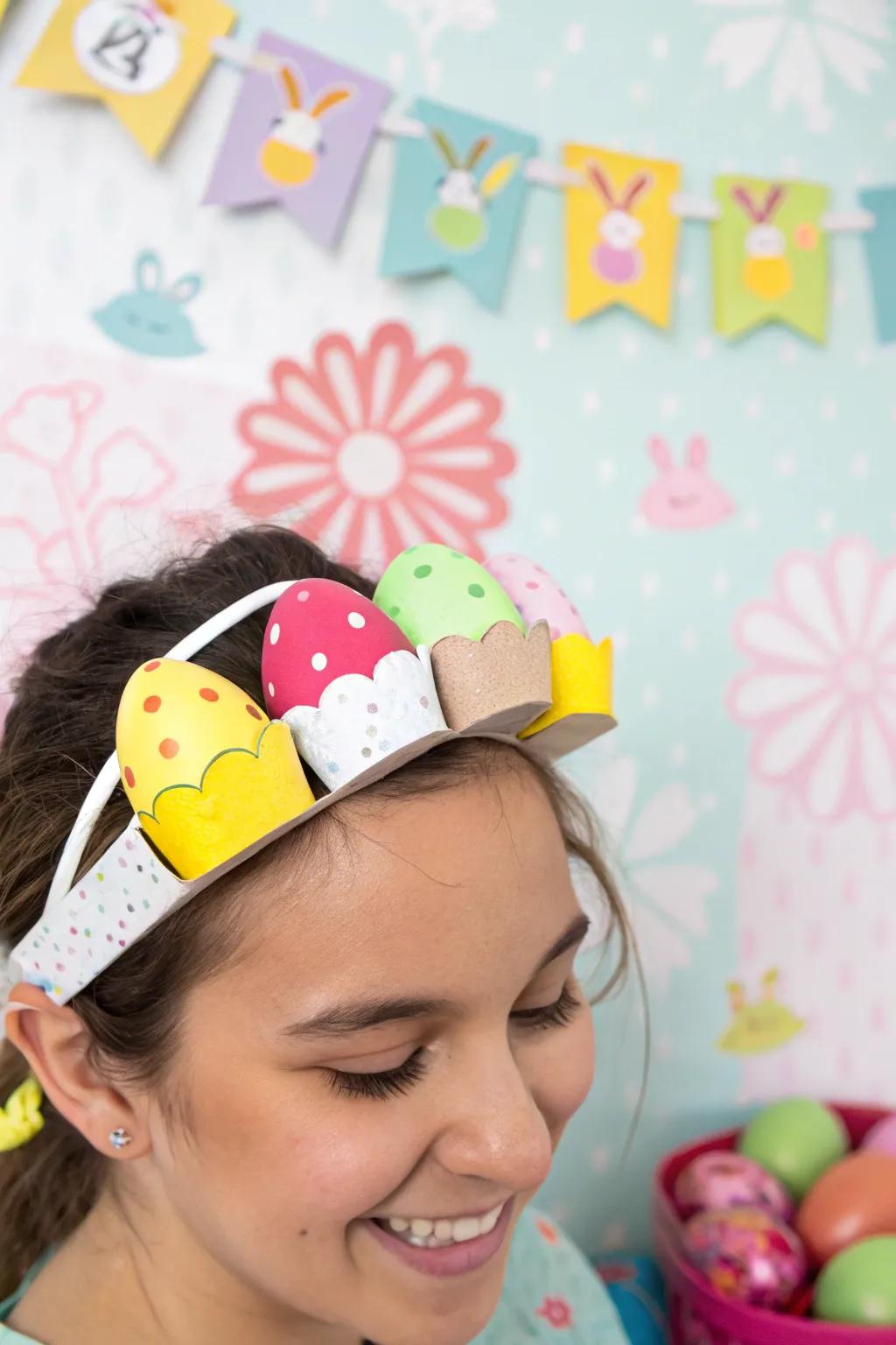 Add a splash of color with a rainbow egg headband.