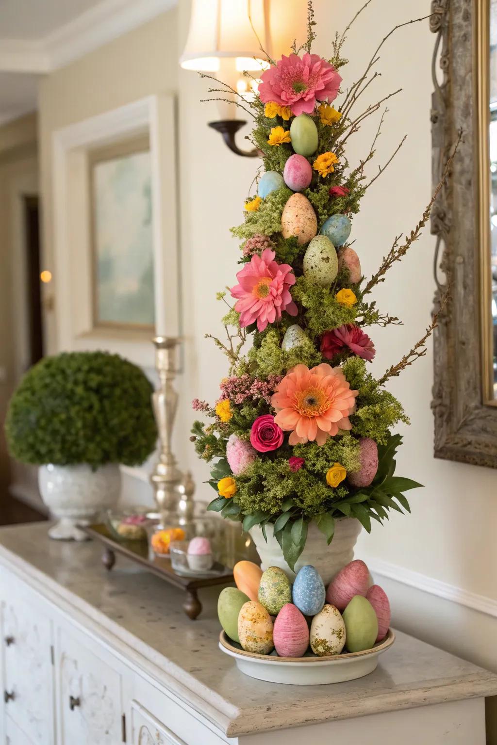 A vibrant floral Easter egg topiary that doubles as a versatile centerpiece.