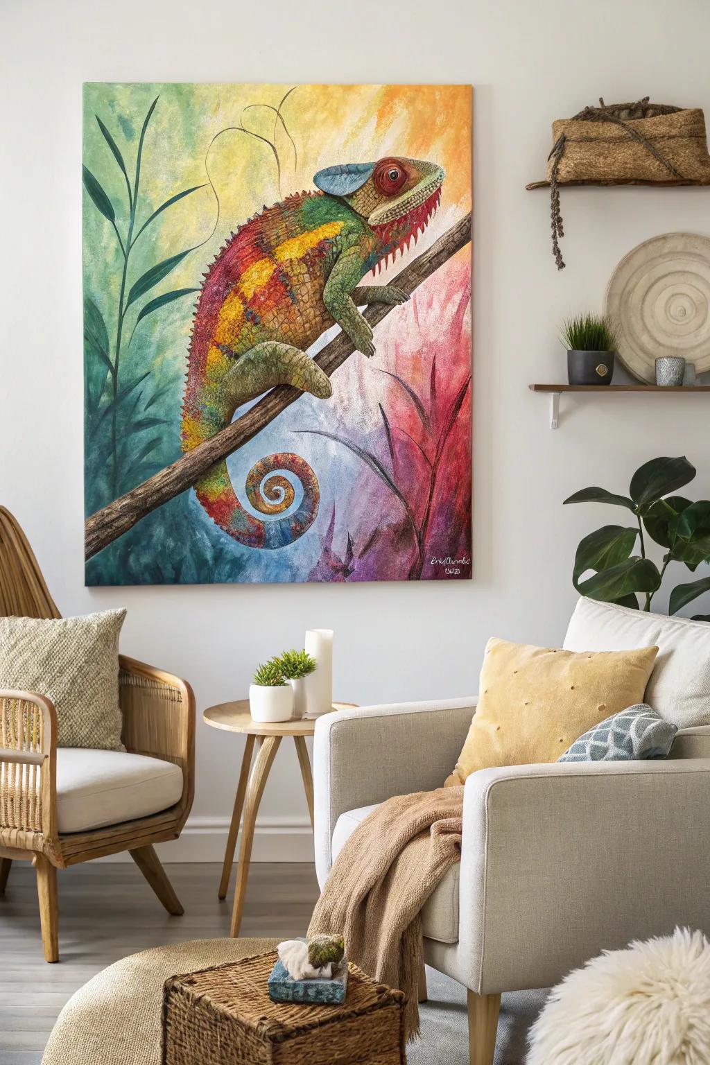 A charming chameleon painting that captures attention with its vibrant colors.