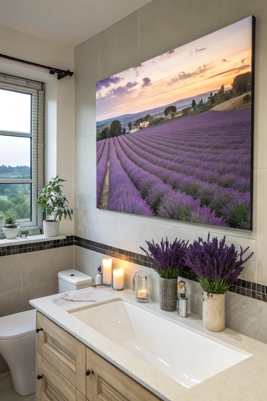 A serene lavender field painting adds calmness to a bathroom retreat.