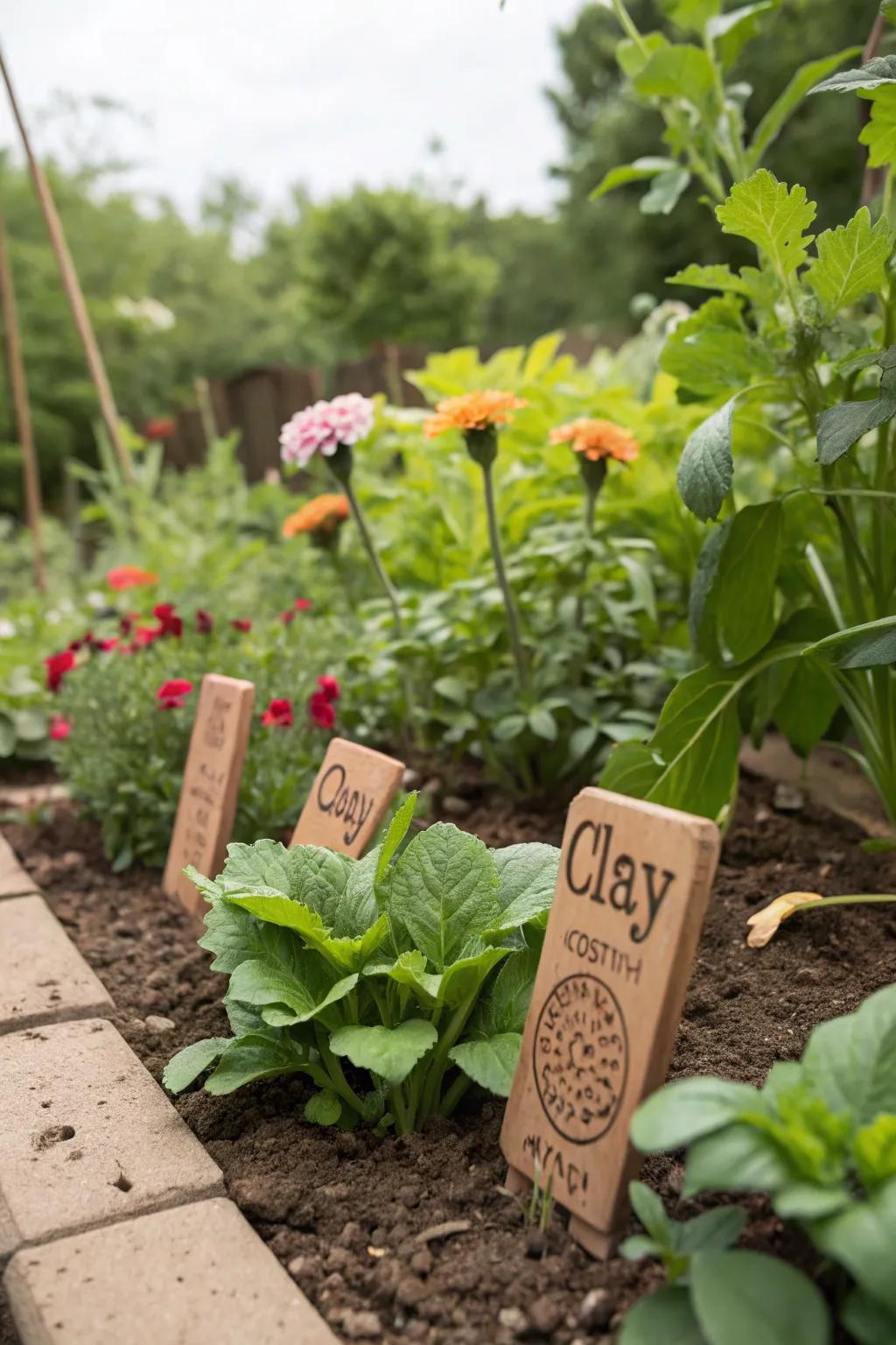 Charming clay plant markers that enhance your garden's beauty.