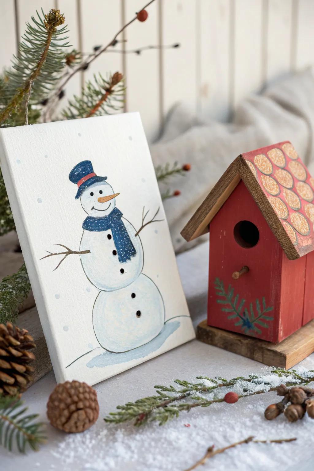 Embrace the beauty of winter with this charming snowman and birdhouse painting, perfect for adding a touch of whimsy to your minimalist decor.
