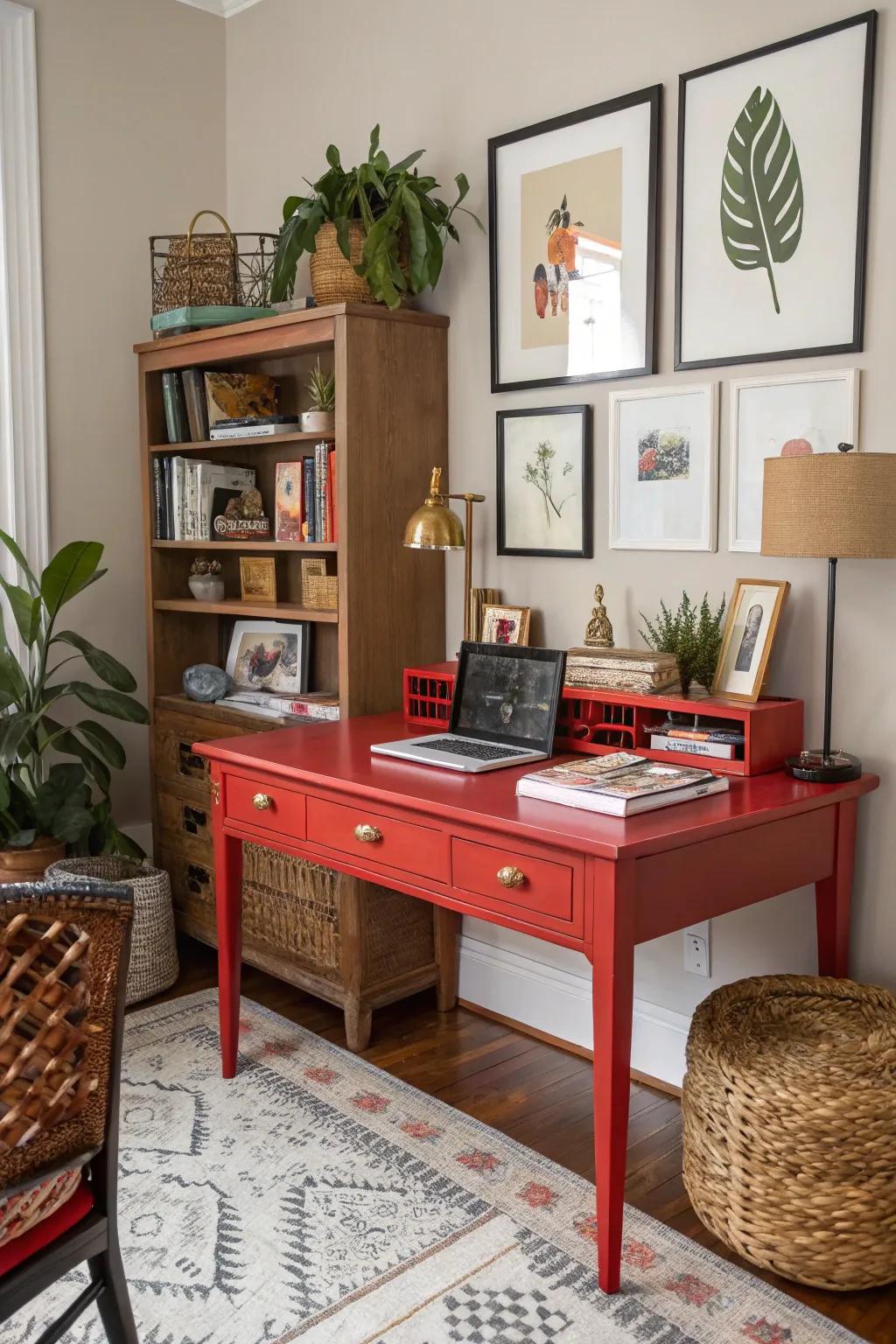 A bold desk serves as a striking centerpiece in this eclectic home office.