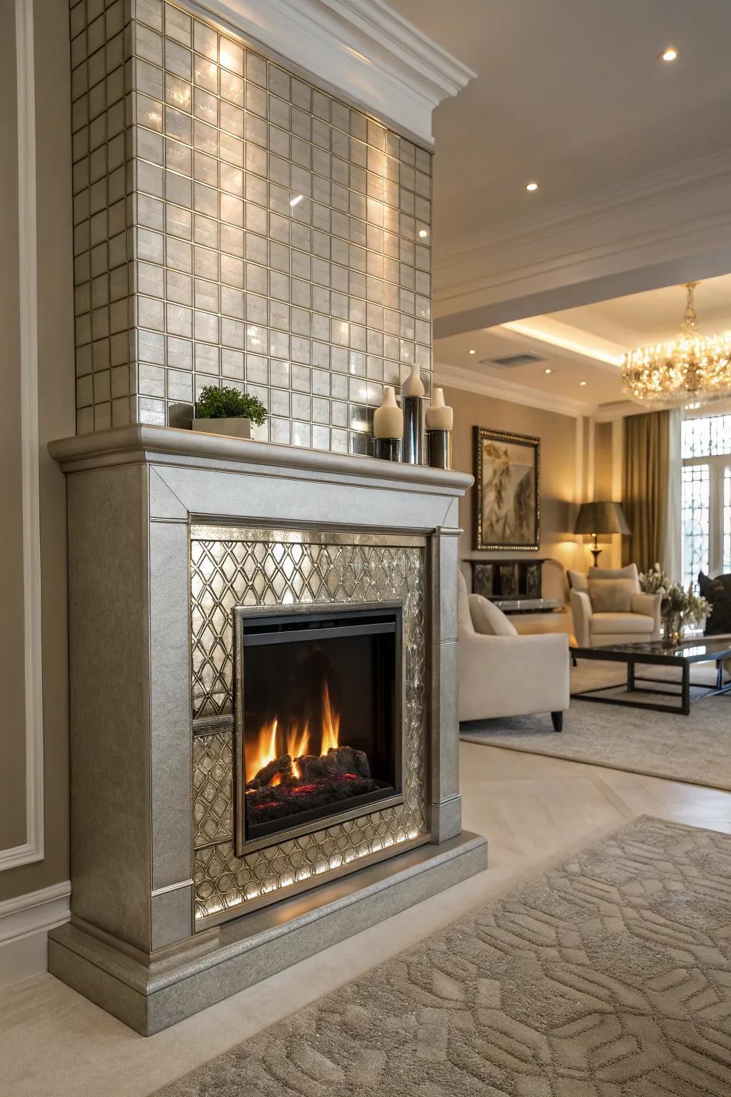 Add a glamorous touch with metallic tiles around your fireplace.