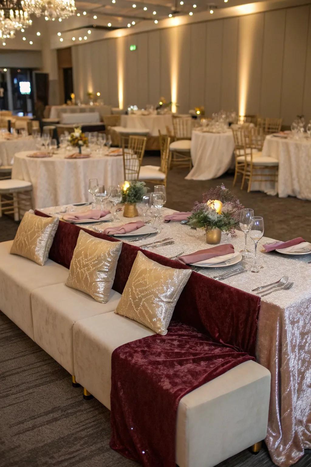 Velvet table runners and cushions add a touch of luxury and texture.