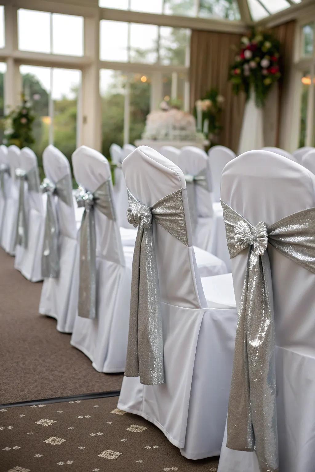 Silver sashes dress up wedding chairs.