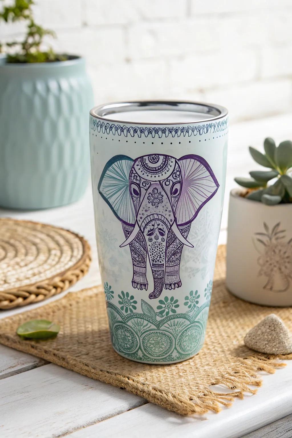 Sip serenity with this stunning elephant tumbler in tranquil blues and purples.