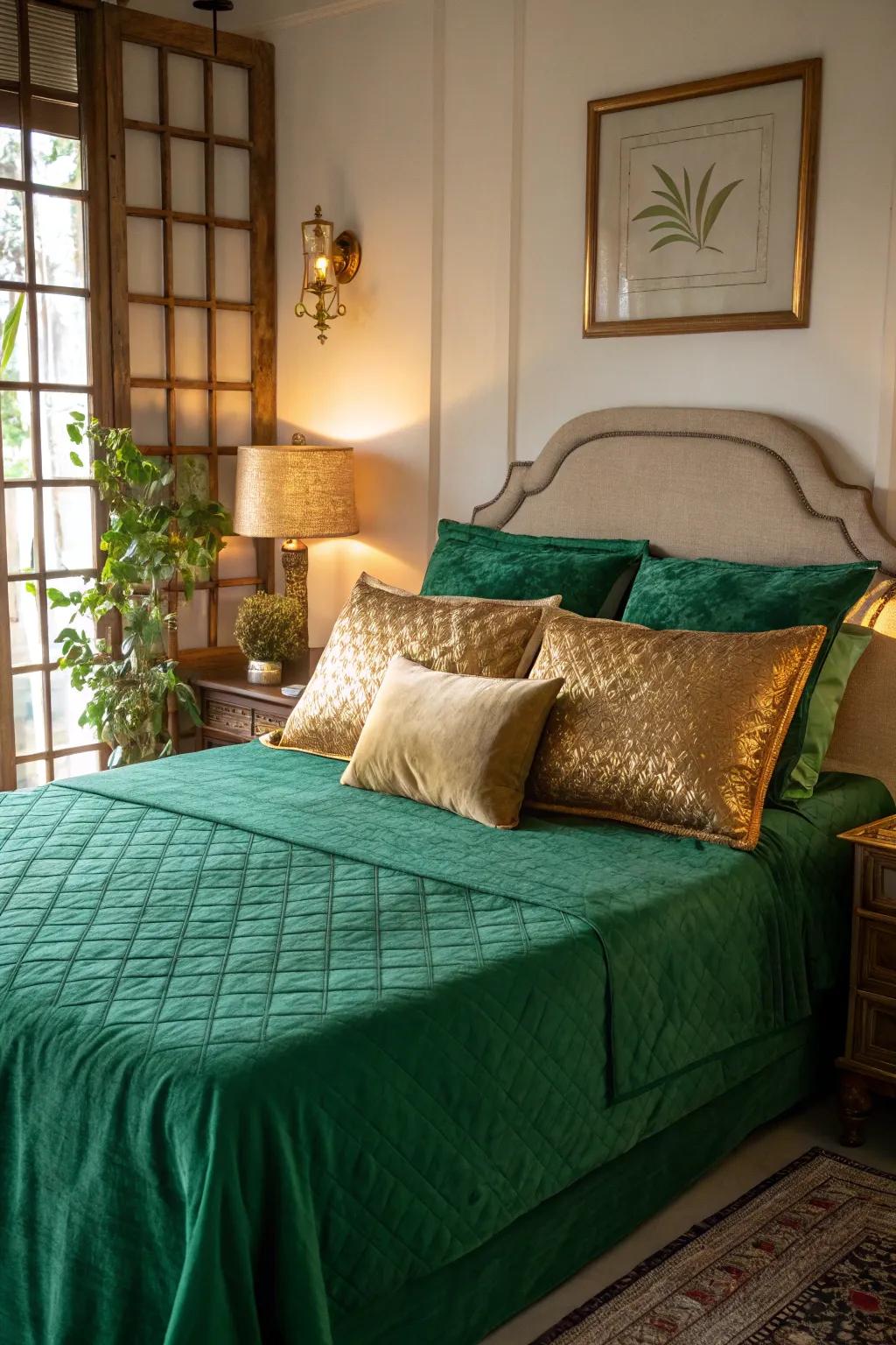 A sophisticated bedroom featuring emerald green bedding with gold accents.