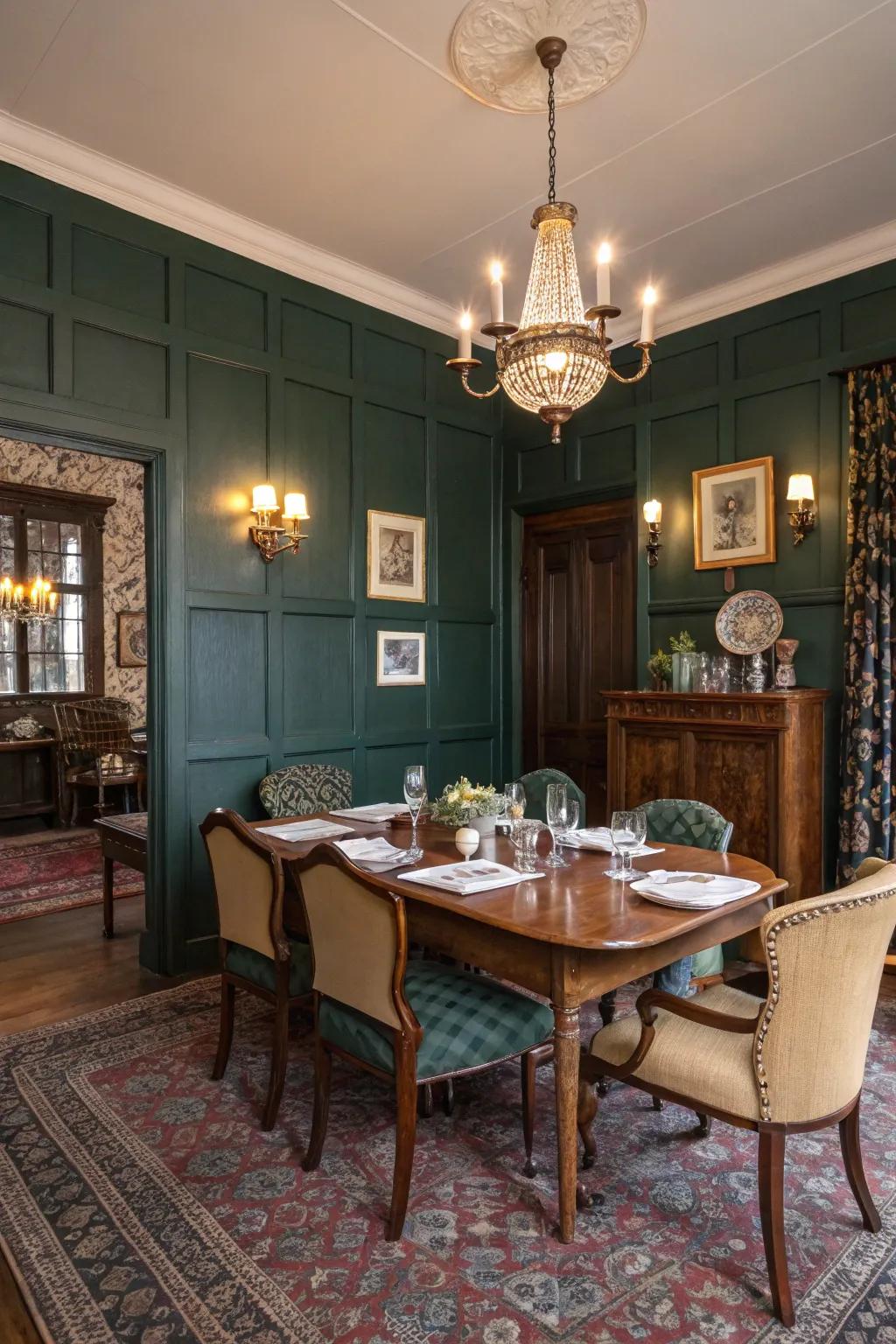 Dark green paneling adds depth and elegance to dining rooms.