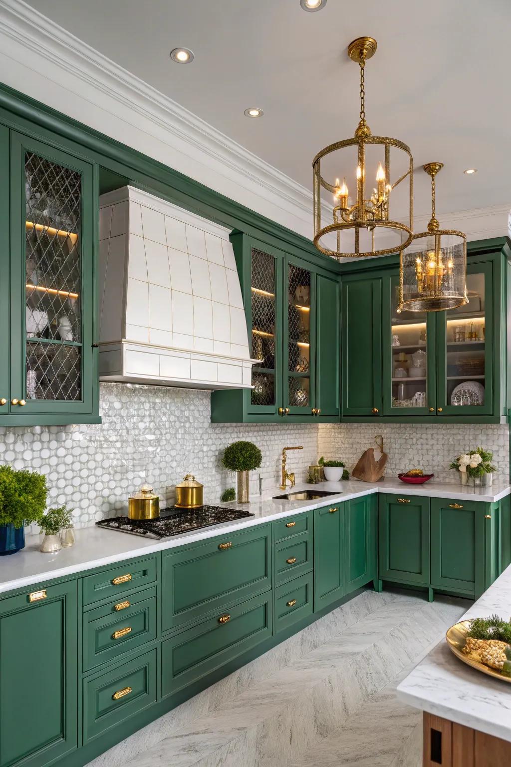 Elegant kitchen lighting with brass fixtures complementing emerald accents.