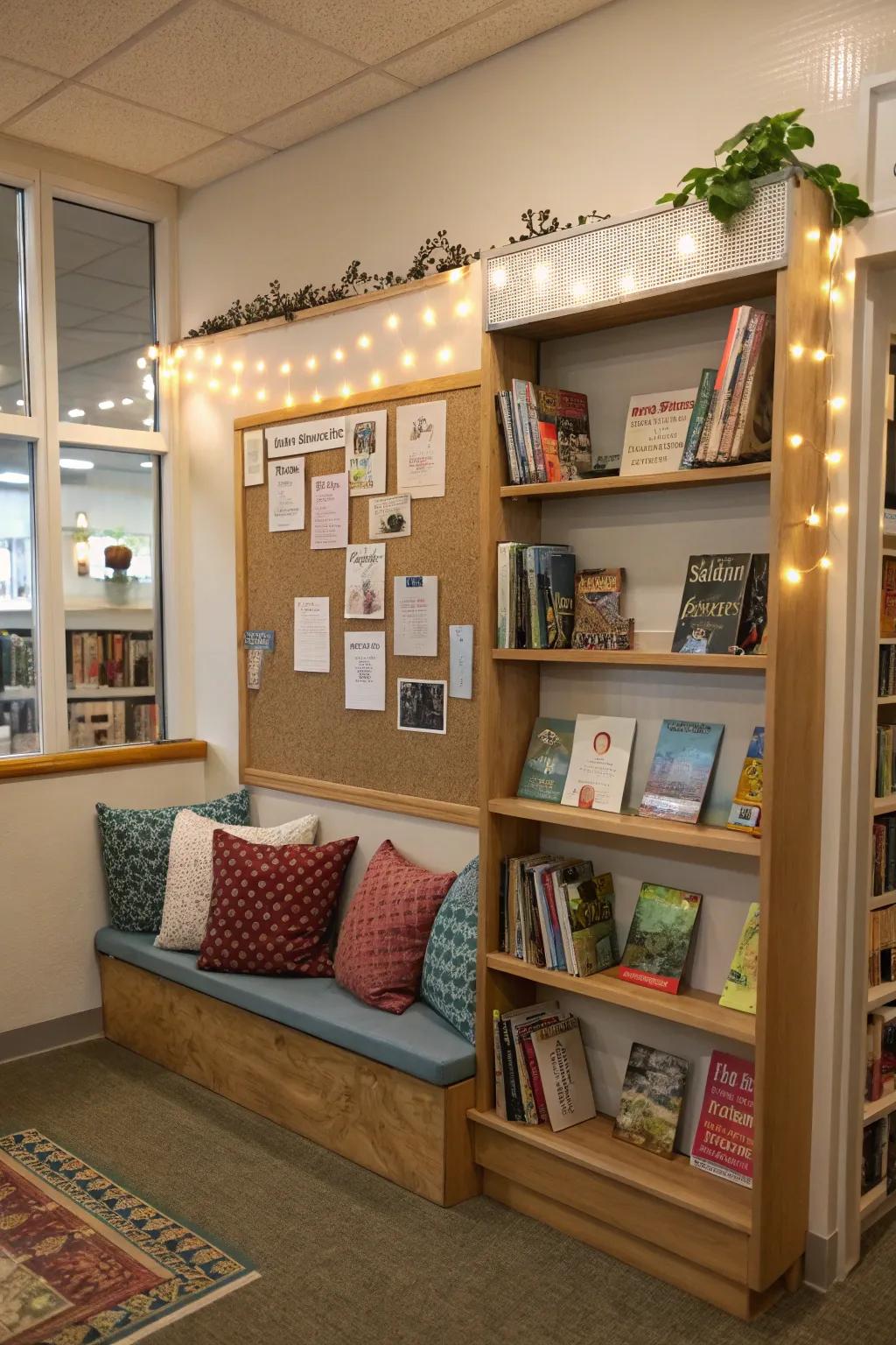 A cozy reading nook bulletin board complete with books.