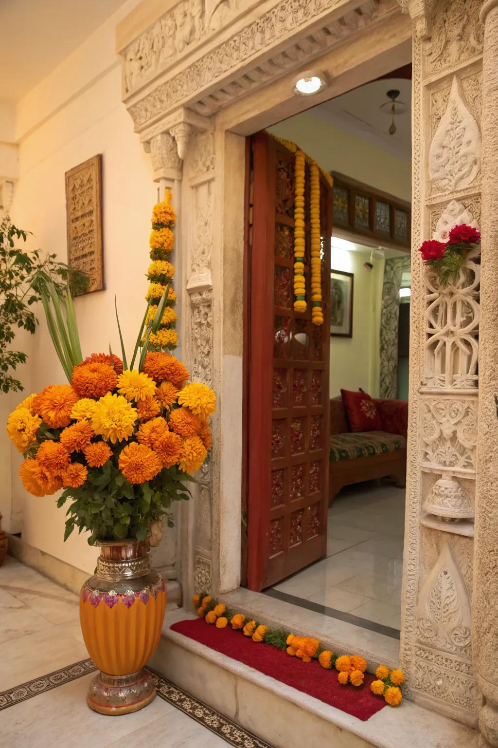 Fresh marigolds bringing fragrance and color to the entrance.