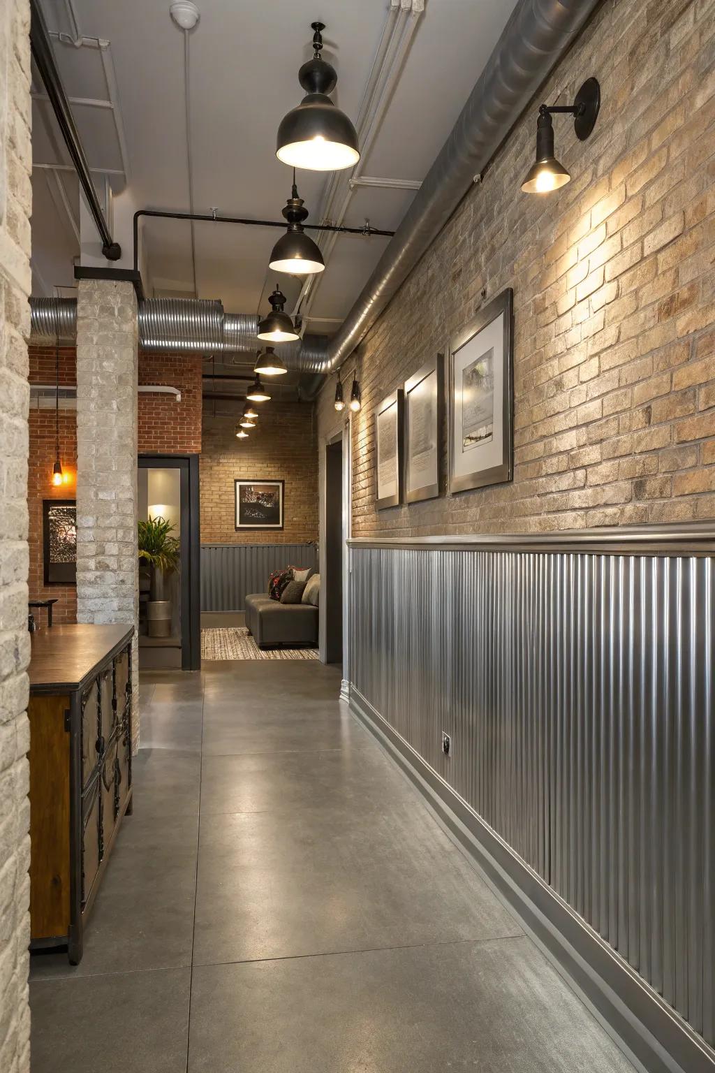 Metallic wainscoting adds an industrial edge to your entryway.