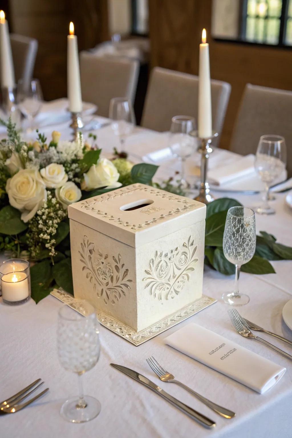 An intricately designed ceramic suggestion box on an elegant dining table.