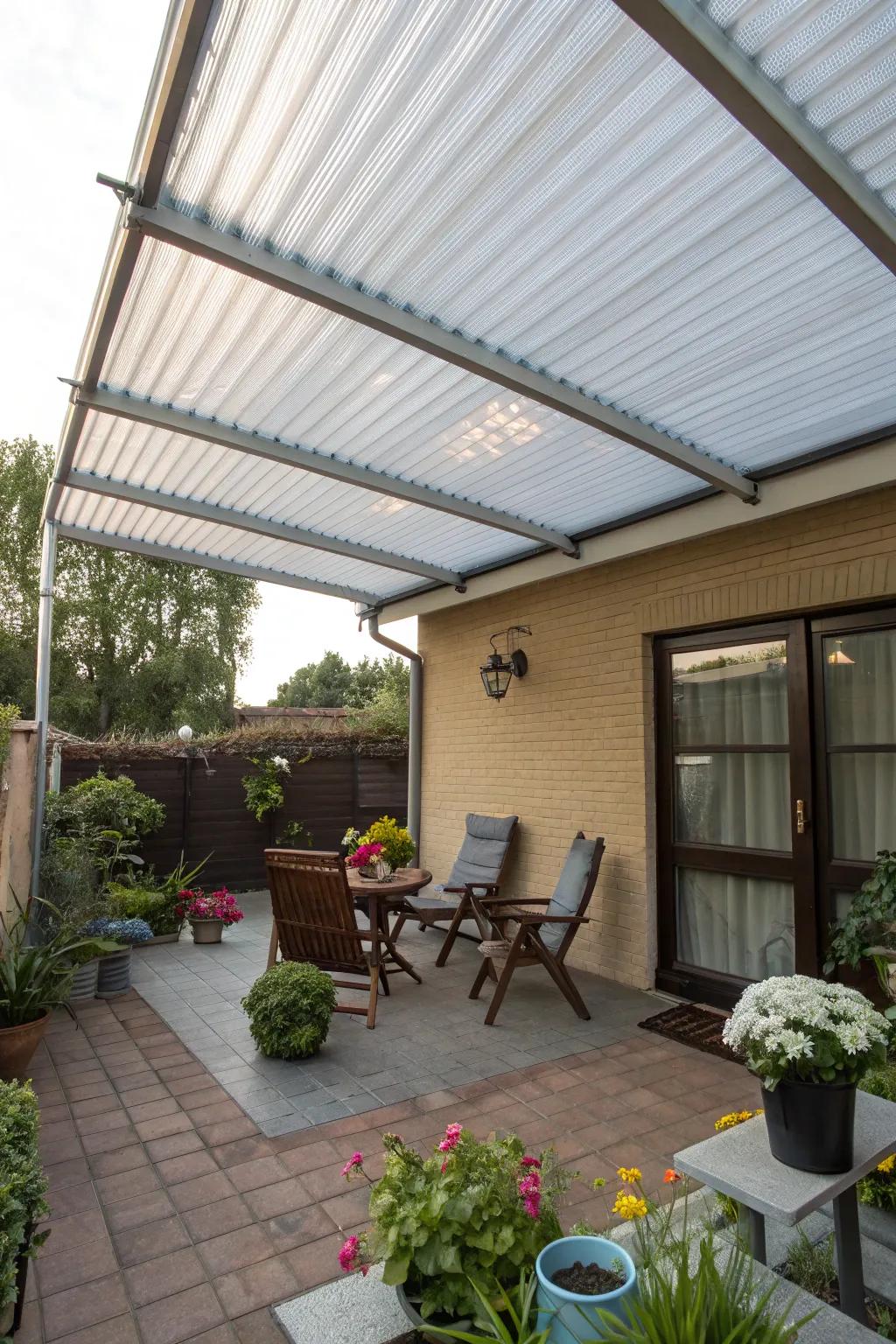 Corrugated plastic roofs offer an affordable and light-filled extension.