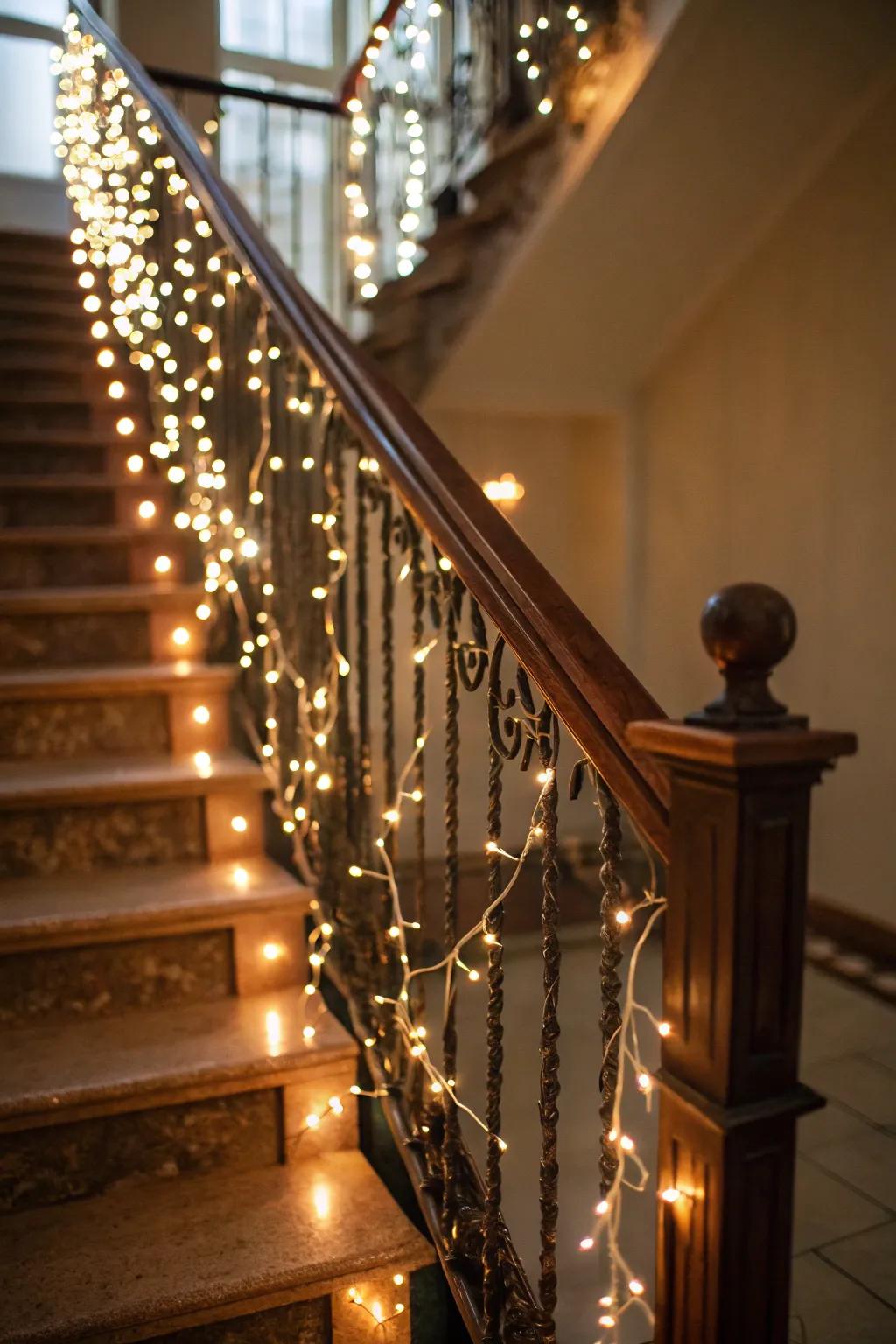 A staircase elegantly highlighted by the subtle glow of fairy lights.