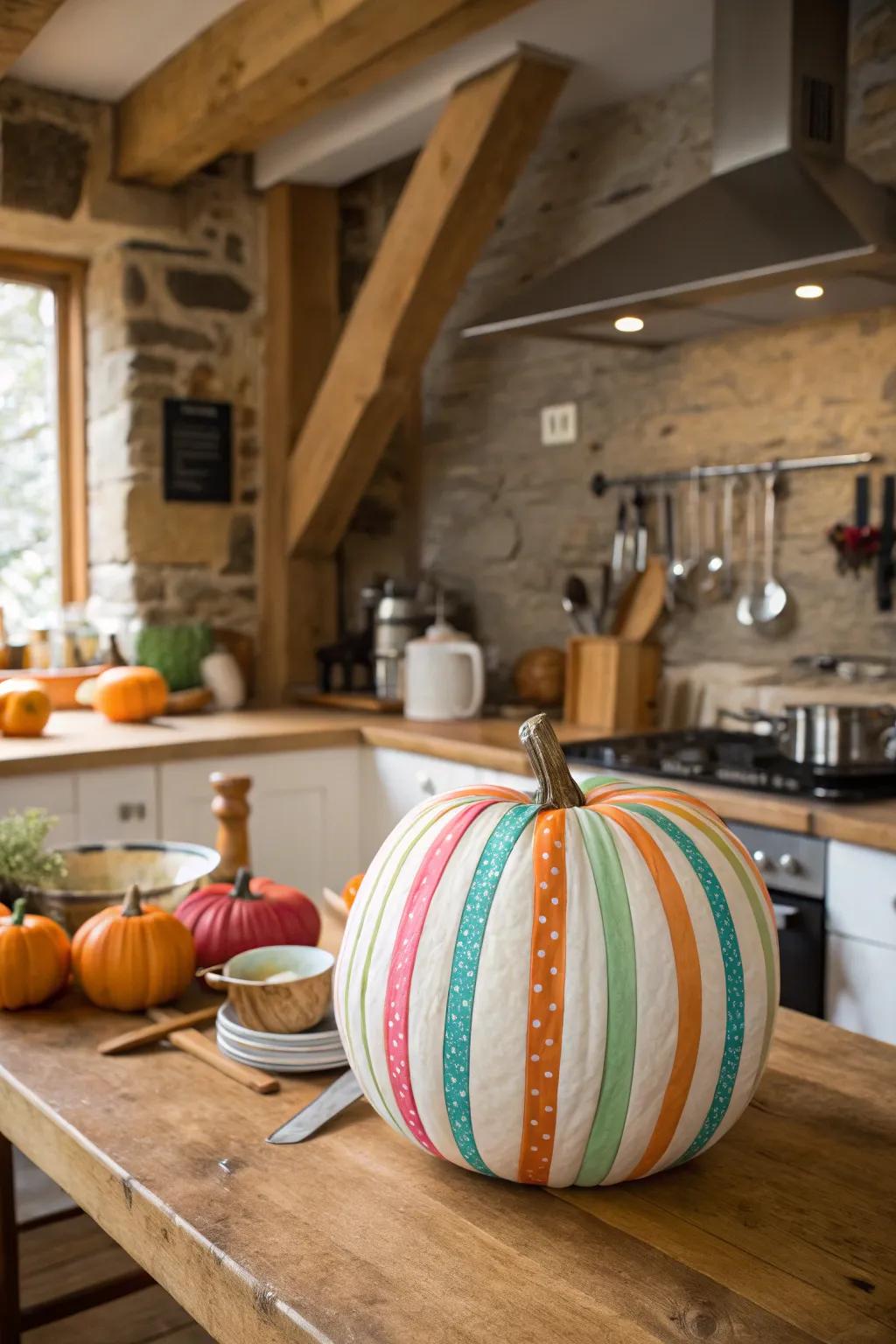 Fabric tape adds charming patterns to your pumpkins effortlessly.