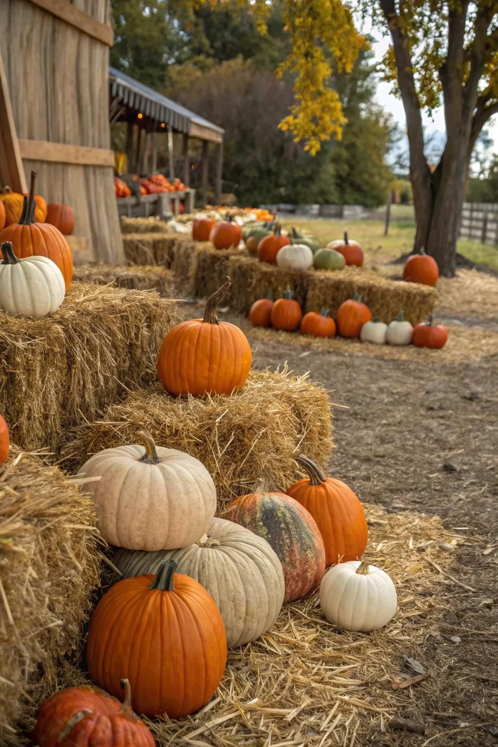 A vibrant pumpkin patch creates a classic fall scene.