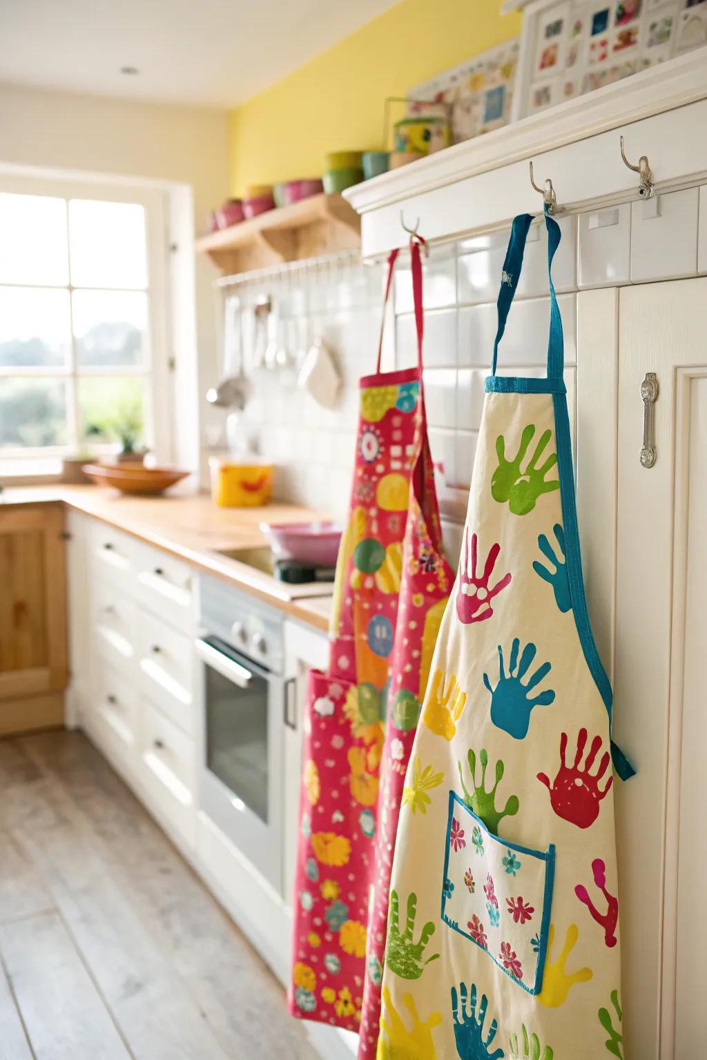 Make cooking fun with personalized handprint aprons.