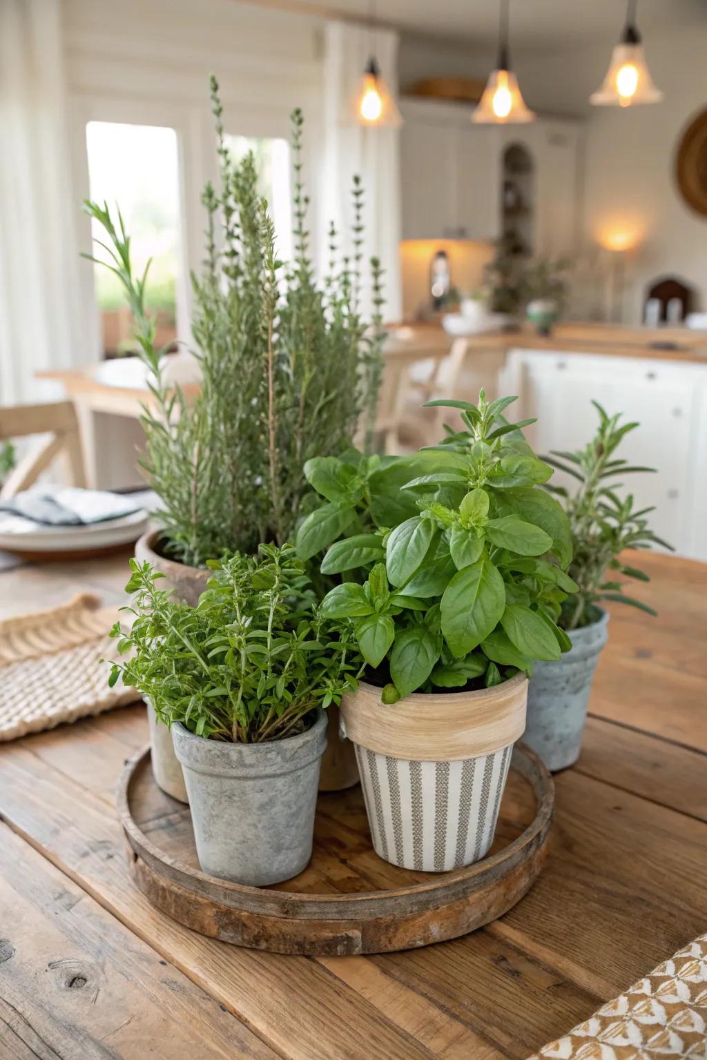 A mini herb garden brings freshness and practicality to a farmhouse centerpiece.