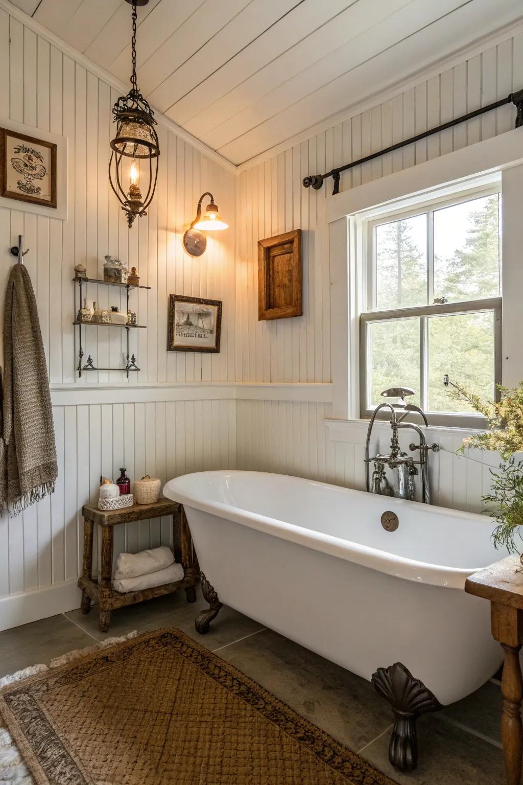 A farmhouse bathroom featuring a beadboard backdrop and charming vintage fixtures.