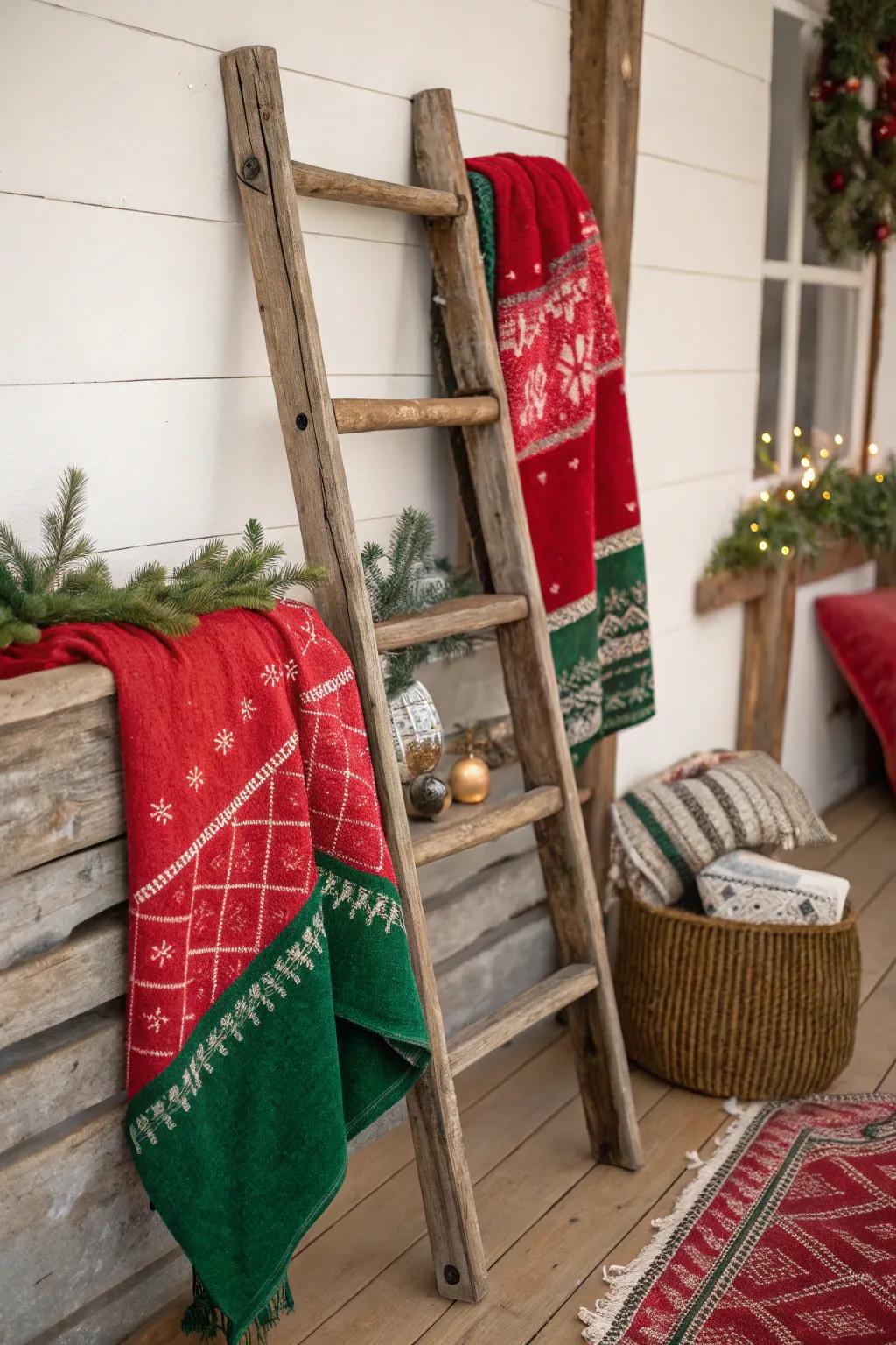 Rustic ladder used for displaying festive blankets.