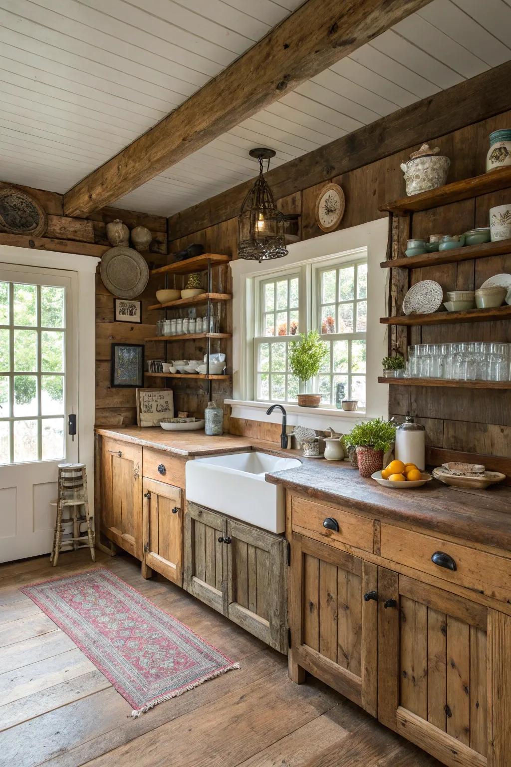 Farmhouse kitchen featuring reclaimed wood cabinets for added character.