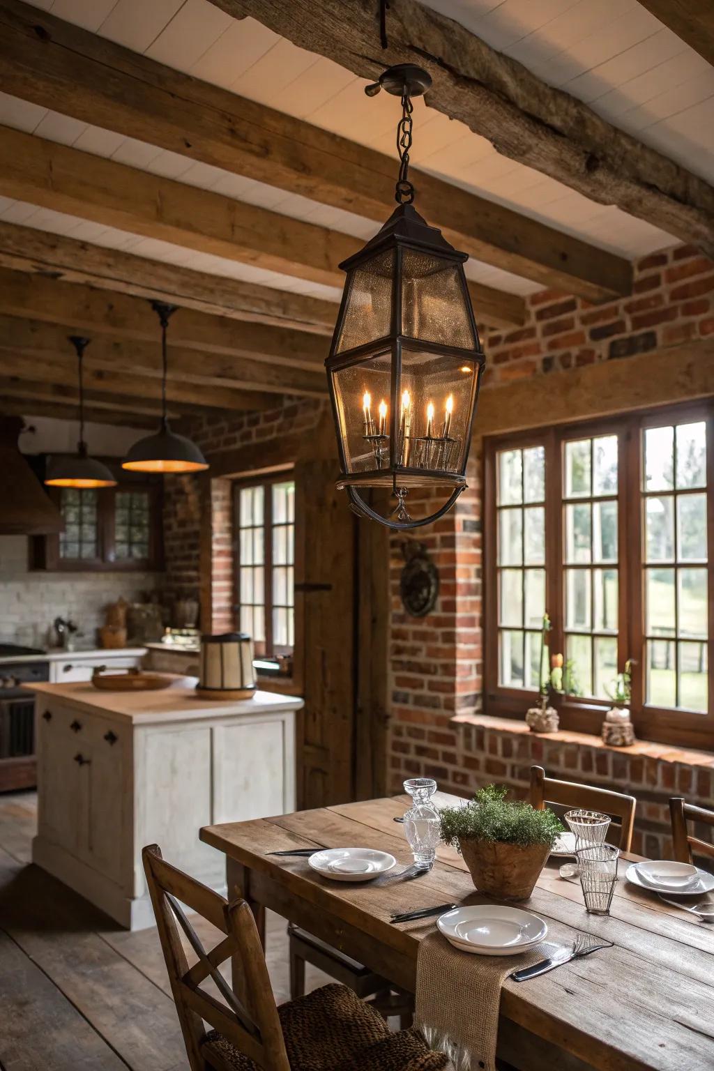 Rustic lantern chandelier creates a warm atmosphere in the kitchen.