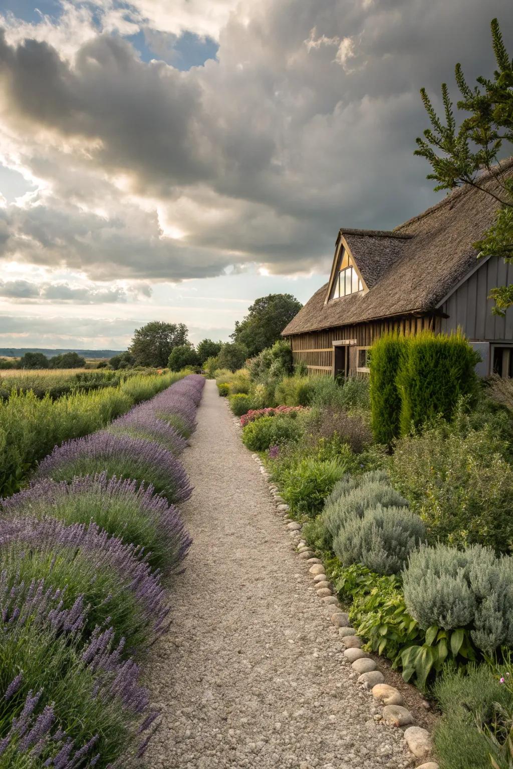 Herbs like lavender add fragrance and greenery to this farmhouse path.