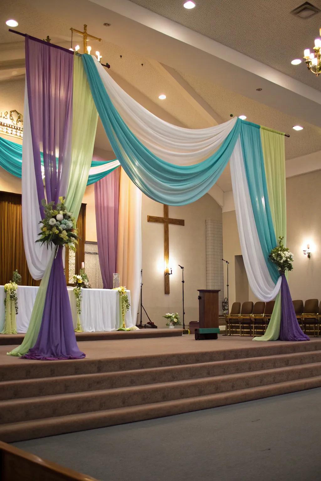 Decorative drapes add elegance and color to the church setting.