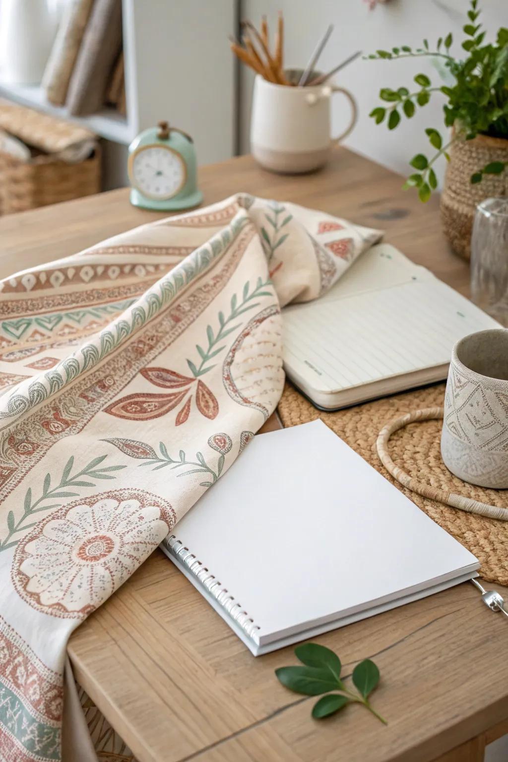 Transform your workspace with a touch of warmth and style using patterned fabric. Elevate the ordinary with a hint of boho elegance.