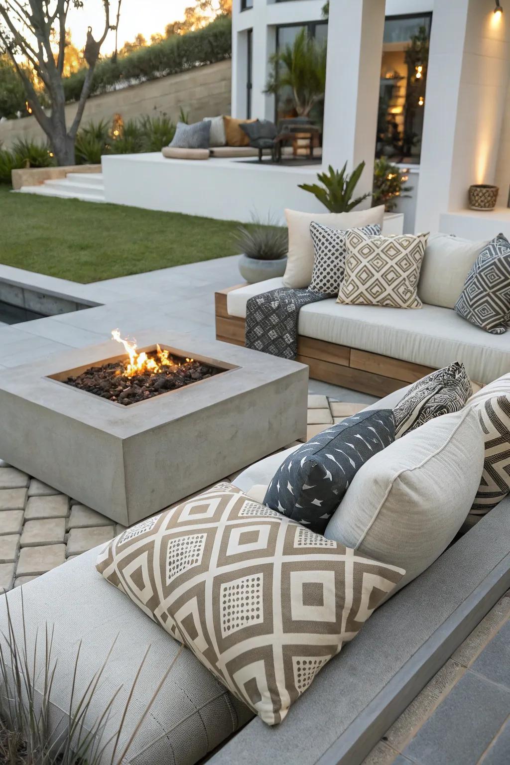 Contemporary throw pillows add a pop of style and comfort to your fire pit.