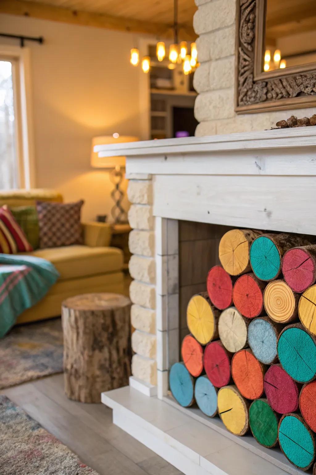 Painted logs offer a colorful twist on traditional decor.