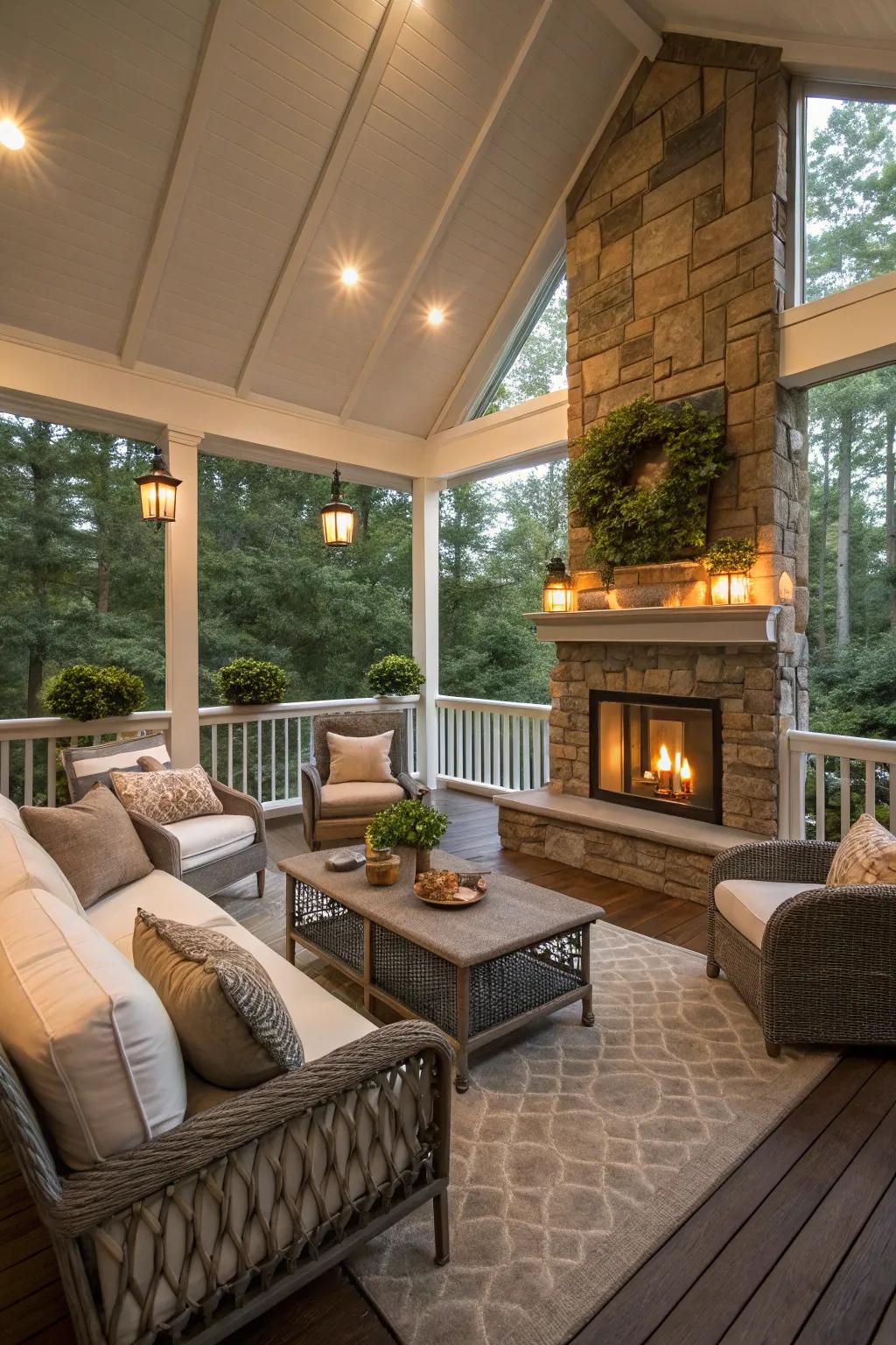 A fireplace on a screened porch, creating a warm and inviting outdoor retreat.