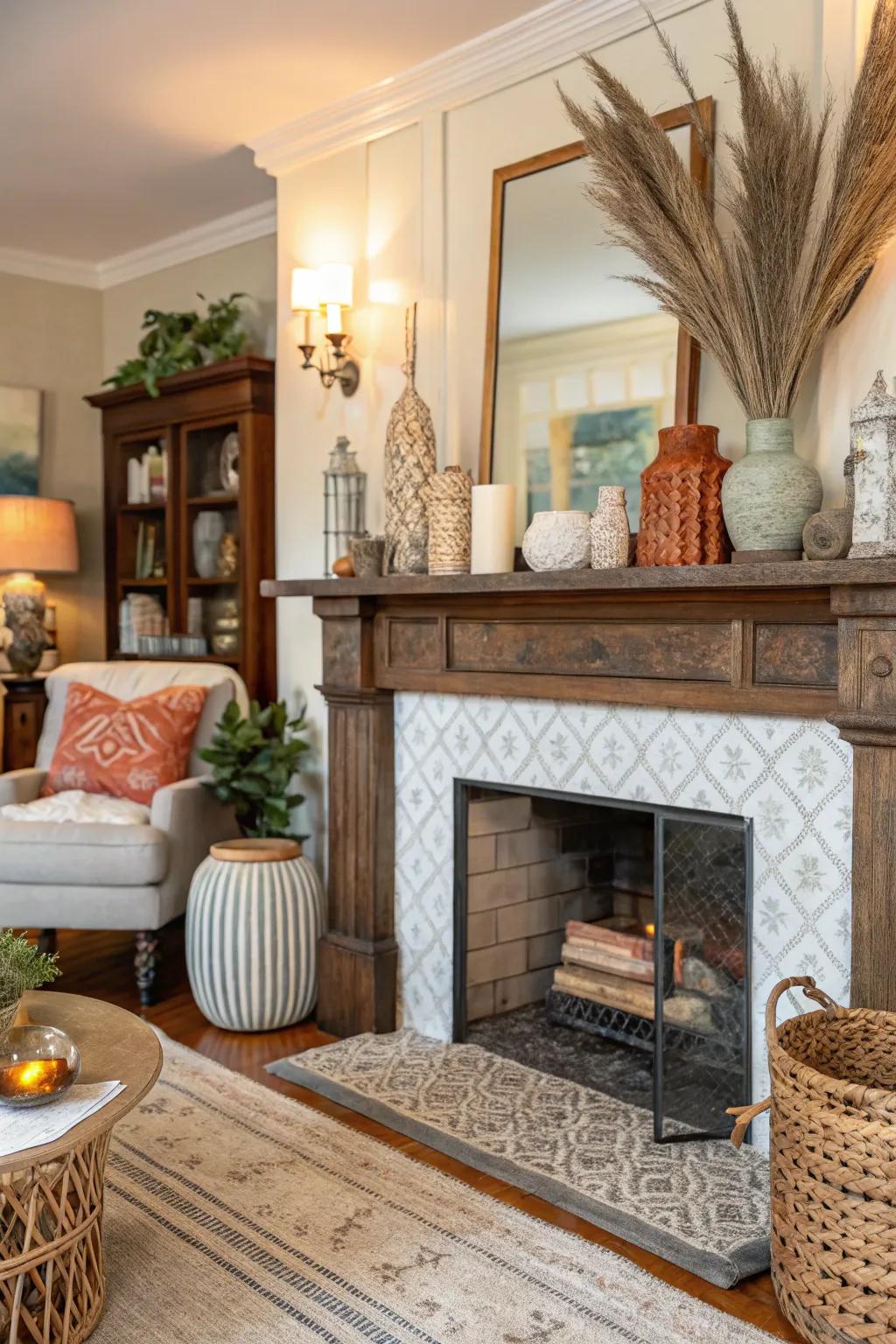 An eclectic mix of textures can add depth and personality to your mantel.