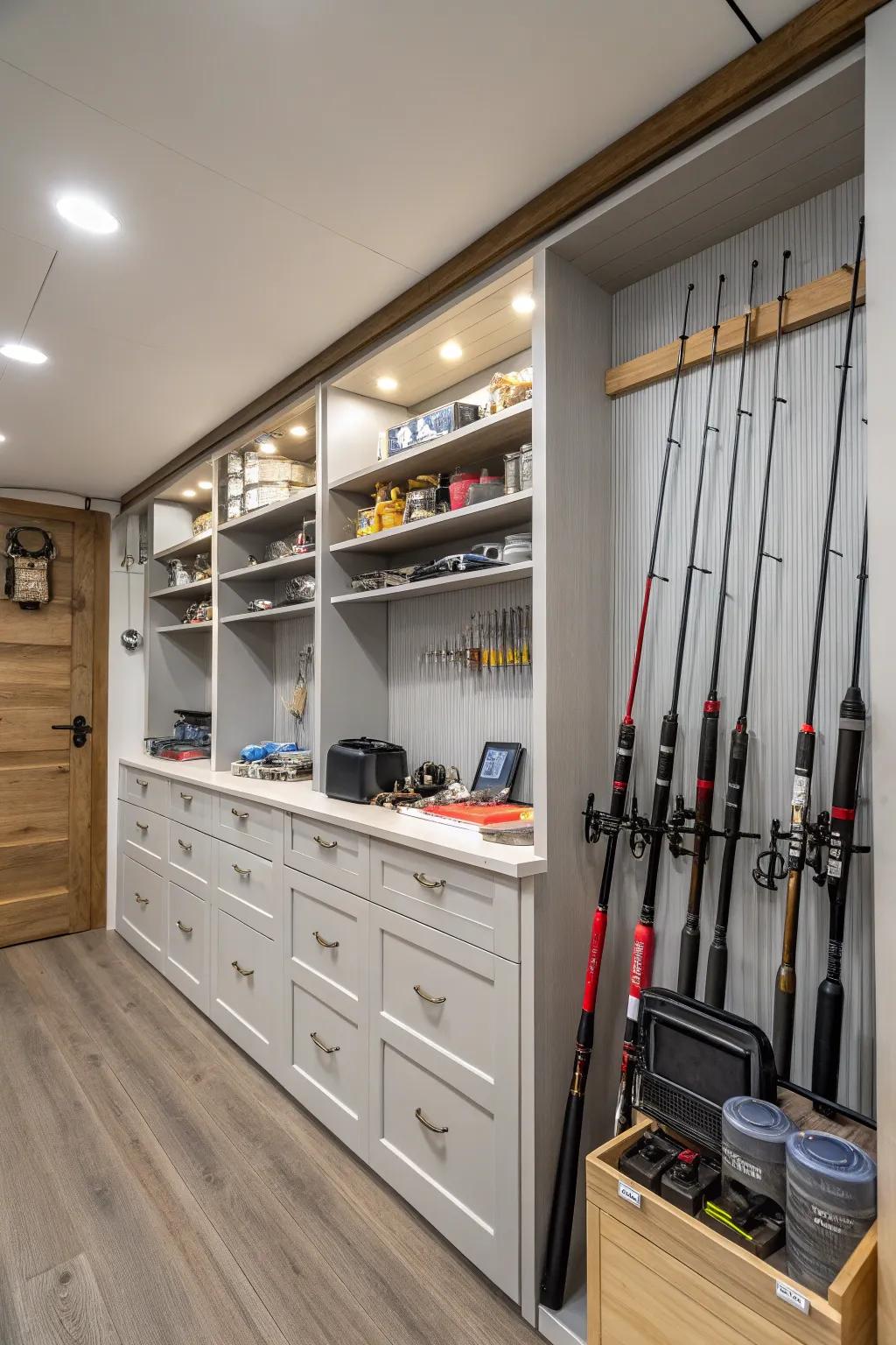 Custom built-in shelving maximizes space and organization.