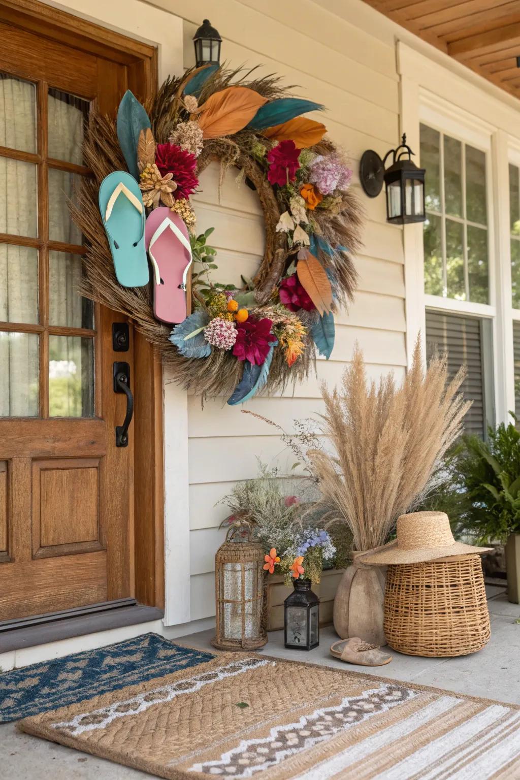 A boho bliss flip flop wreath, adding artistic flair to your entrance.