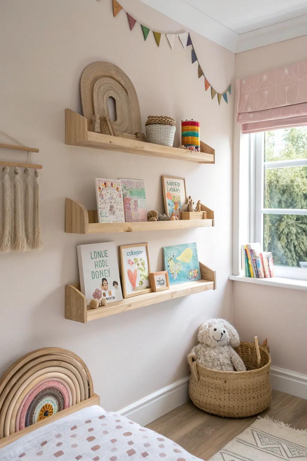 Elevate playtime with stylish simplicity: floating shelves in a serene kids' room.