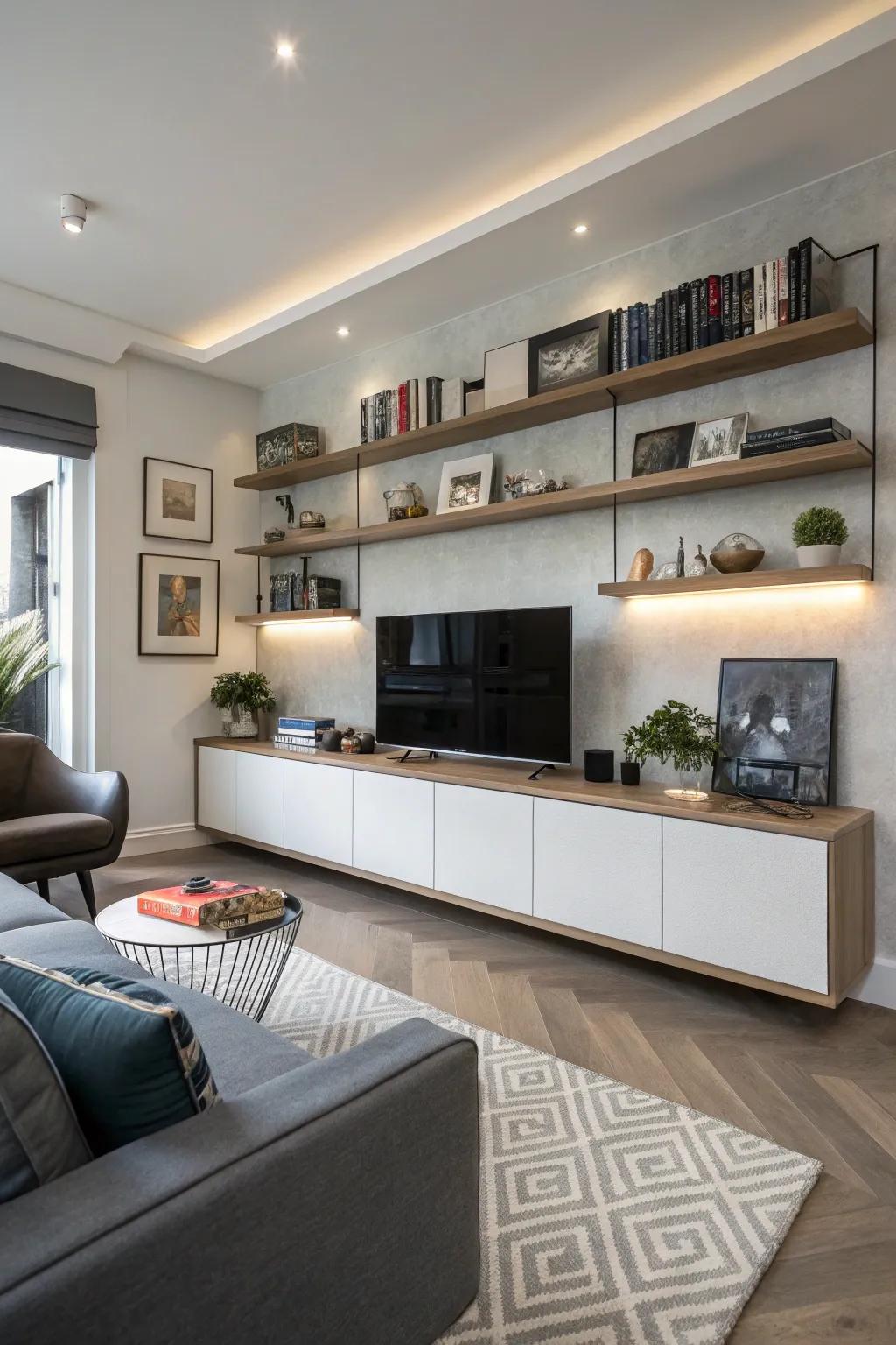 Floating cabinets alongside shelves provide a balanced storage solution.