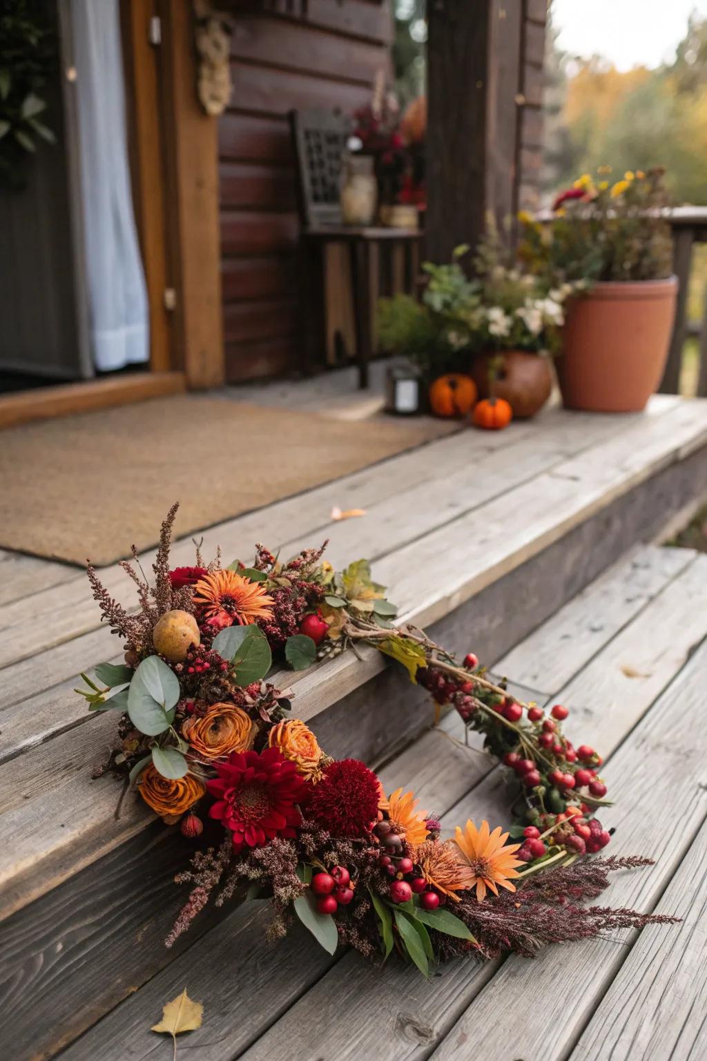 An autumn harvest crown with warm, seasonal colors.