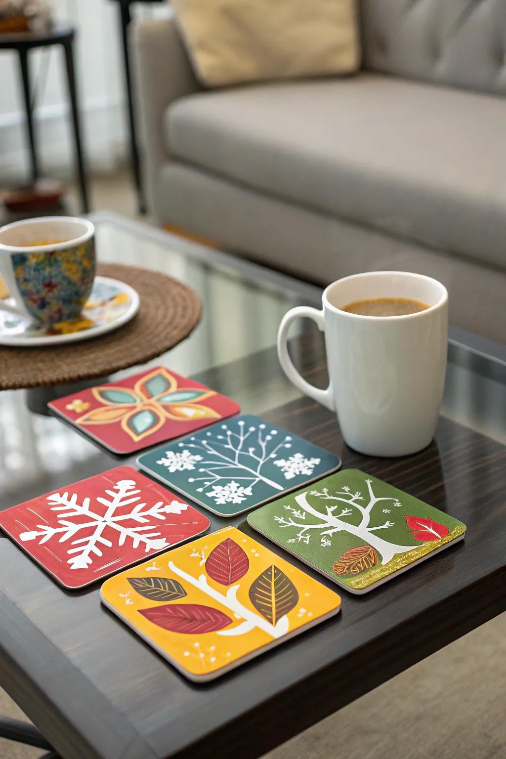 Stylish foam paper coasters adding a splash of color to the table.